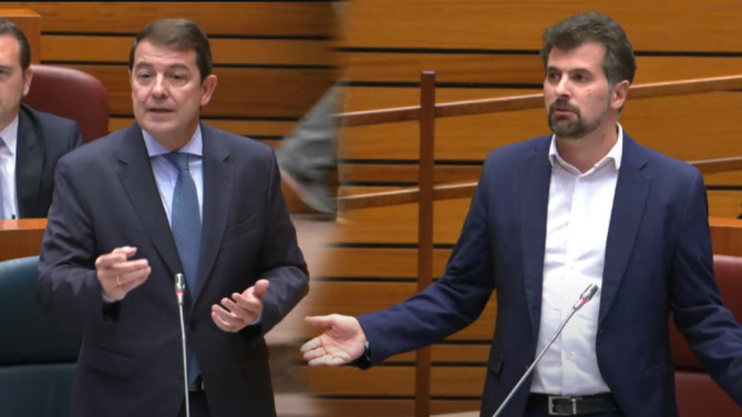 Fragmento del pleno en ese "cara a cara" entre el presidente autonómico, Alfonso Fernández Mañueco; y el secretario general del PSOECyL, Luis Tudanca.